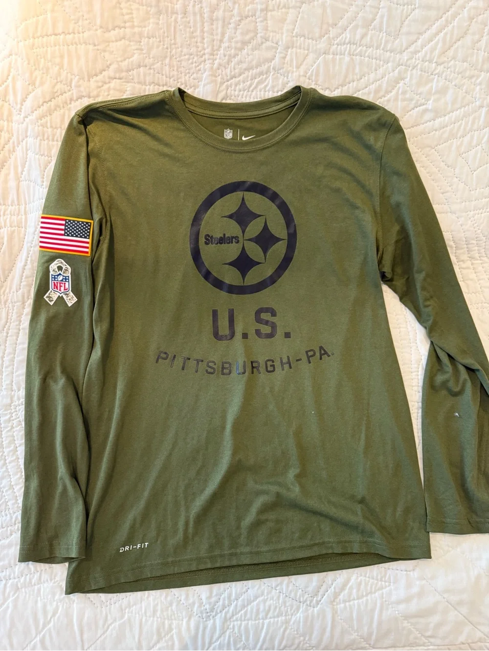 Nike NFL Olive Green Long Sleeve Pittsburgh Steelers USA Logo Tee